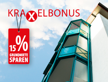 Rechts im Bild ist ein moderner Wohnblock und links steht Kraxelbonus- 15% Grundmiete sparen