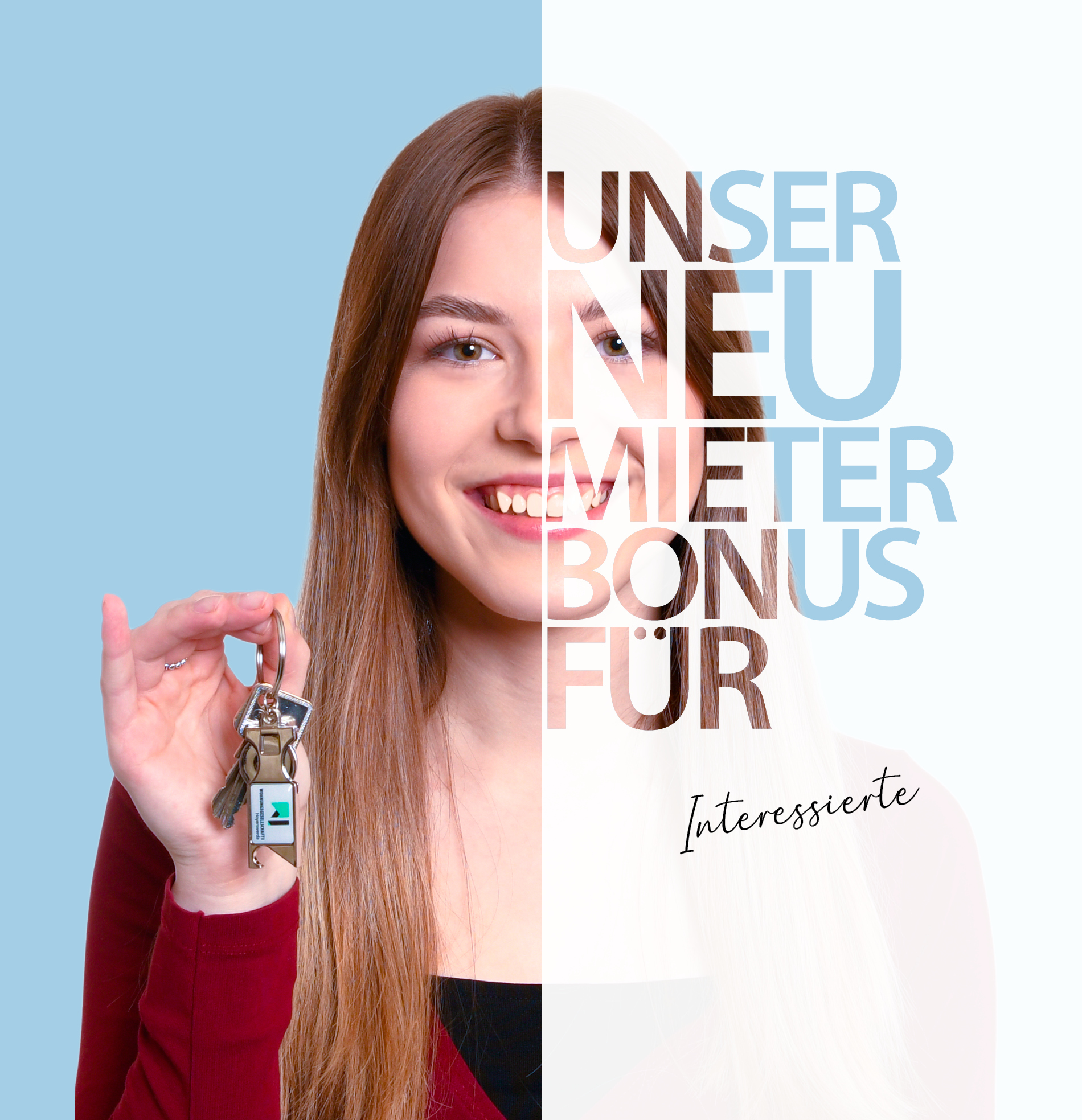 Ein Frau vorm blauen Hintergrund hält einen Wohnungsschlüssel und daneben steht "unser Neumieterbonus für Interessierte"